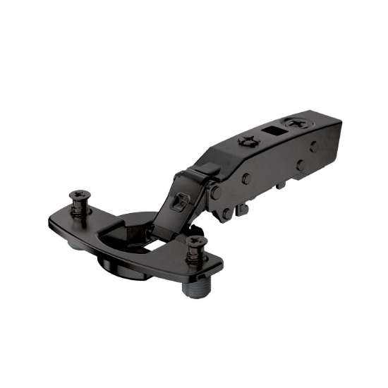 Afbeeldingen van Hettich Sensys scharnier voor dunne deuren, deurdikte vanaf 10 mm, veerloos (Sensys 8676), in obsidiaanzwart, opliggend, openingshoek 110°, TH-boorbeeld 52 x 5,5 mm, met spreidpluggen (ø 10 x 8)