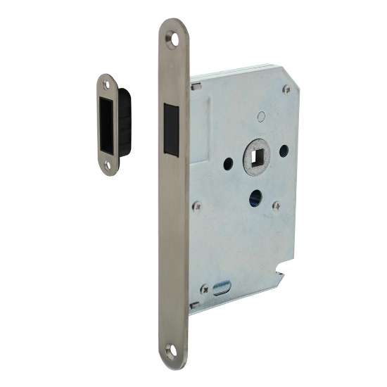 Afbeeldingen van INTERSTEEL Woningbouw magneet slot, voorplaat afgerond rvs, 20x175, doorn 50mm incl. sluitplaat/kom 9570