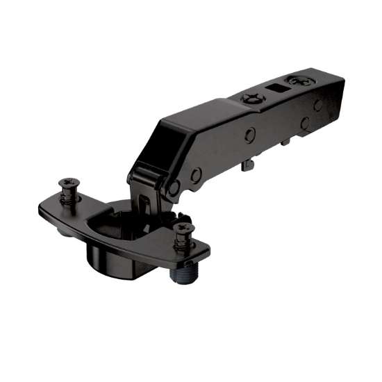 Afbeeldingen van Hettich Sensys hoekscharnier W45 met geïntegreerde demping (Sensys 8639i W45), in obsidiaanzwart, opliggend, openingshoek 95°, TH-boorbeeld 52 x 5,5 mm, met spreidpluggen (ø 10 x 11)