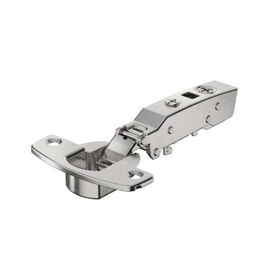 Afbeeldingen van Hettich Sensys scharnier voor dikke deuren, deurdikte tot 32 mm, veerloos (Sensys 8661), vernikkeld, opliggend, Openingshoek  95°, voor schroefbevestiging (-)