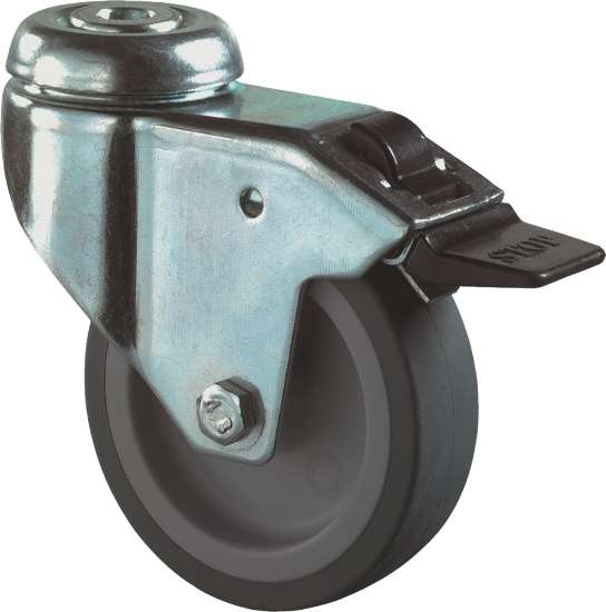Afbeeldingen van Kelfort zwenkwiel - Ø75mm (60kg) - met rem blauw/grijs rubber loopvlak en boutgat 