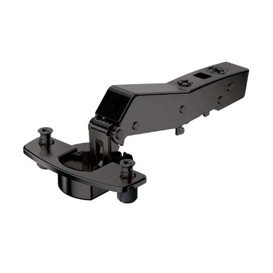 Afbeeldingen van Hettich Sensys hoekscharnier W45 met geïntegreerde demping (Sensys 8639i W45), in obsidiaanzwart, opliggend, openingshoek 95°, TH-boorbeeld 52 x 5,5 mm, met spreidpluggen (ø 10 x 11)