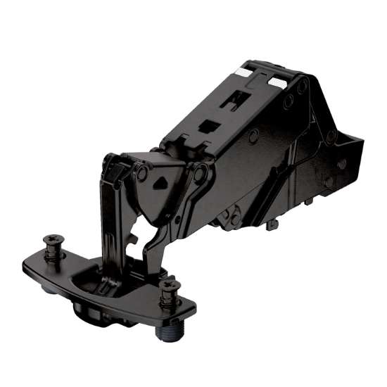 Afbeeldingen van Hettich Sensys groothoekscharnier, zonder insprong, met geïntegreerde demping (Sensys 8657i), in obsidiaanzwart, half opliggend, openingshoek 165°, TH-boorbeeld 52 x 5,5 mm, met spreidpluggen (ø 10 x 11)