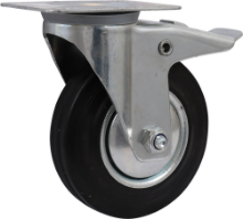 Afbeeldingen van Kelfort zwenkwiel - Ø125mm (100kg) - gegalvaniseerd met stalen velg, plaat en rollager met rem zwart/rubber loopvlak 