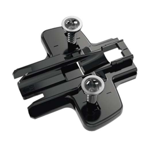 Afbeeldingen van Hettich Kruismontageplaat met hoogteverstelling m.b.v. slobgat, in obsidiaanzwart, Rijboring 37 x 32 mm, Hettich Direkt met geleidetappen en speciale schroeven (voor boringen ø 5 x 7,5 mm), dikte 1,5 mm