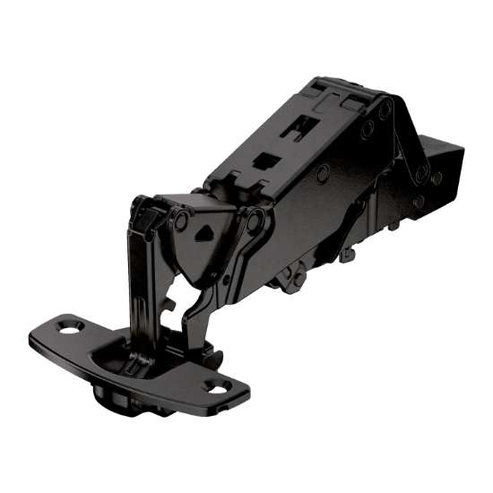 Afbeeldingen van Hettich Sensys groothoekscharnier, zonder insprong, veerloos (Sensys 8687), in obsidiaanzwart, opliggend, openingshoek 165°, TH-boorbeeld 52 x 5,5 mm, voor schroefbevestiging (-)