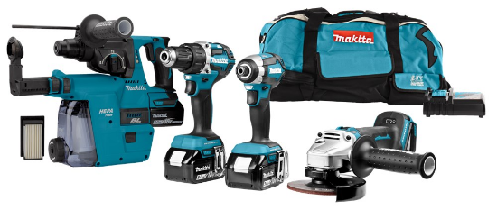 Afbeeldingen van Makita combiset boor-,schroef- en slijpen DLX4103W - 18v 3x 5,0Ah li-on accu - voor allround boor-, schroef- en slijpwerk en HEPA filter 