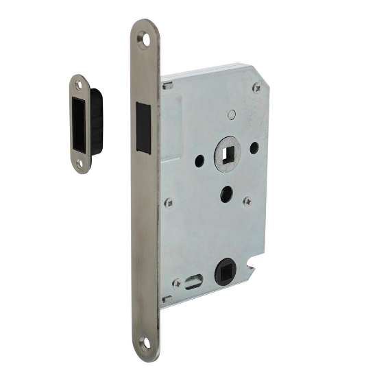 Afbeeldingen van INTERSTEEL Woningbouw magneet badkamer/toilet slot 63/8mm, voorplaat afgerond rvs, 20x175, doorn 50mm incl. slu 9571