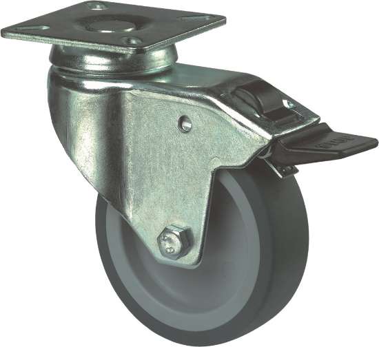 Afbeeldingen van Kelfort zwenkwiel - Ø100mm (70kg) - gegalvaniseerd met plaat en glijlager met rem en blauw/grijs rubber loopvlak 