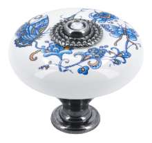 Afbeeldingen van Siro Meubelknop keramisch - L 38mm/H 33mm/B 38mm wit bloemen/ antiek zilver 