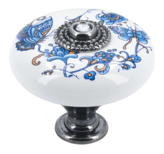 Afbeeldingen van Siro Meubelknop keramisch - L 38mm/H 33mm/B 38mm wit bloemen/ antiek zilver 