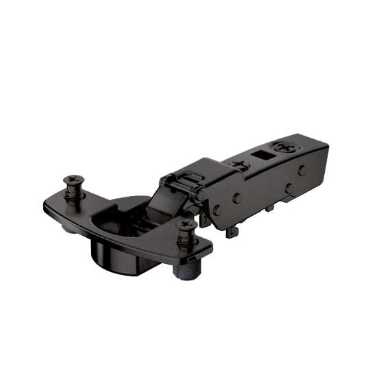 Afbeeldingen van Hettich Sensys scharnier voor dikke deuren, deurdikte tot 32 mm, veerloos (Sensys 8661), in obsidiaanzwart, half opliggend, Openingshoek  95°, met spreidpluggen (ø 10 x 11)