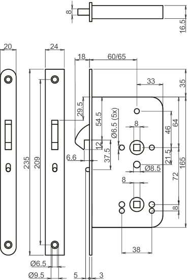 Afbeeldingen van Badkamer schuifdeurslot 2488 60mm