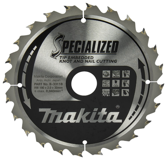 Afbeeldingen van Makita zaagblad B-33118 - Ø190X30X2.0mm 24 tands - geschikt voor hout met spijkers