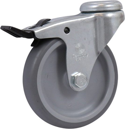 Afbeeldingen van Kelfort zwenkwiel - Ø100mm (70kg) - met rem blauw/grijs rubber loopvlak en boutgat 