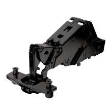 Afbeeldingen van Hettich Sensys groothoekscharnier, zonder insprong, veerloos (Sensys 8687), in obsidiaanzwart, half opliggend, openingshoek 165°, TH-boorbeeld 52 x 5,5 mm, met spreidpluggen (ø 10 x 11)
