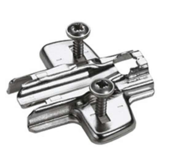 Afbeeldingen van Gepatenteerde kruismontageplaat 'Hettich Direkt' met geleidetappen en speciale schroeven, D = 0.0 mm, Ø 5 x 7,5, Afstand rijboring LR: 37, Hoogteverstelling: met slobgaten