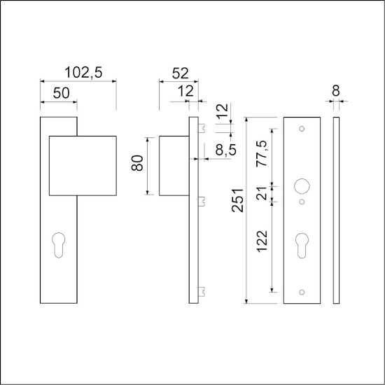 Afbeeldingen van Ami veiligheids duwerlangschildgarnituur 251/50 links - PC92 deurdikte 54mm - F1 