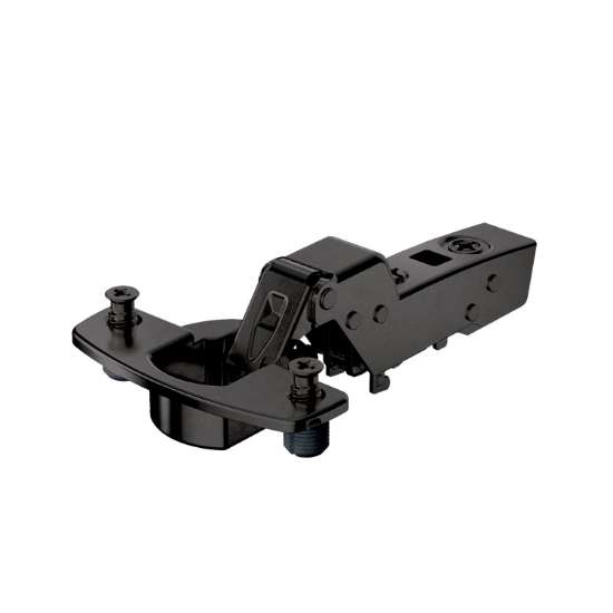 Afbeeldingen van Hettich Sensys 110°-scharnier veerloos (Sensys 8675), in obsidiaanzwart, inliggend, openingshoek 110°, TH-boorbeeld 52 x 5,5 mm, met spreidpluggen (ø 10 x 11)