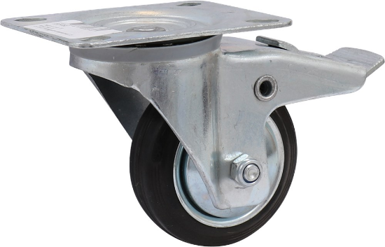 Afbeeldingen van Kelfort zwenkwiel - Ø80mm (50kg) - gegalvaniseerd met stalen velg, plaat en rollager met rem zwart/rubber loopvlak 