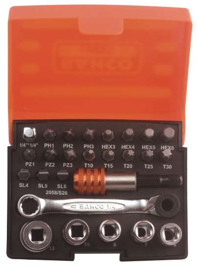 Afbeeldingen van Bahco bit-/dopsleutelset met ratel 26 delig (2058/S26)