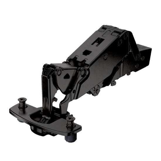 Afbeeldingen van Hettich Sensys groothoekscharnier, zonder insprong, met geïntegreerde demping (Sensys 8657i), in obsidiaanzwart, opliggend, openingshoek 165°, TH-boorbeeld 52 x 5,5 mm, met spreidpluggen (ø 10 x 11)