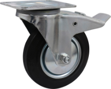 Afbeeldingen van Kelfort zwenkwiel - Ø160mm (135kg) - gegalvaniseerd met stalen velg, plaat en rollager met rem zwart/rubber loopvlak 