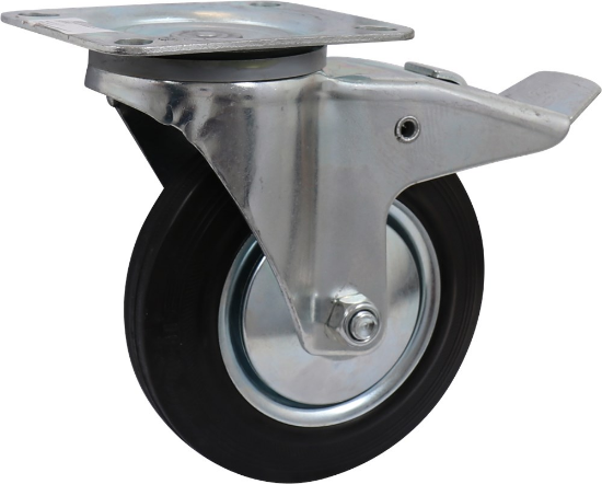 Afbeeldingen van Kelfort zwenkwiel - Ø160mm (135kg) - gegalvaniseerd met stalen velg, plaat en rollager met rem zwart/rubber loopvlak 