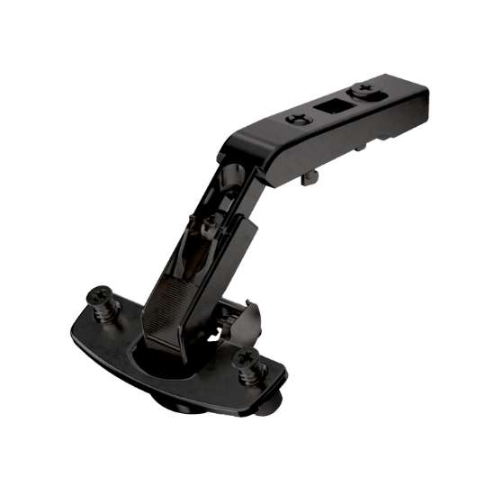 Afbeeldingen van Hettich Scharnier voor hoekkastvouwdeuren veerloos (Intermat 9930), in obsidiaanzwart, opliggend, Openingshoek 50° / 65°, TH-boorbeeld 52 x 5,5 mm, met spreidpluggen (ø 10 x 11)