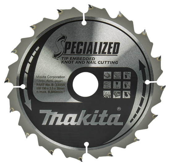 Afbeeldingen van Makita zaagblad - Ø190x30x2.0mm HM 16 Tands 25° - voor contructiehout met spijkers en gasbeton
