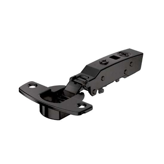 Afbeeldingen van Hettich Sensys scharnier voor dikke deuren, deurdikte tot 32 mm, veerloos (Sensys 8661), in obsidiaanzwart, opliggend, Openingshoek  95°, voor schroefbevestiging (-)