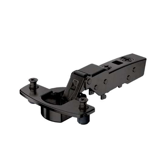 Afbeeldingen van Hettich Sensys 110°-scharnier met geïntegreerde demping (Sensys 8645i), in obsidiaanzwart, half opliggend, openingshoek 110°, TH-boorbeeld 52 x 5,5 mm, met spreidpluggen (ø 10 x 11)
