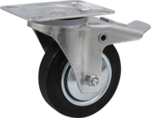 Afbeeldingen van Kelfort zwenkwiel - Ø100mm (70kg) - gegalvaniseerd met stalen velg, plaat en rollager met rem zwart/rubber loopvlak 