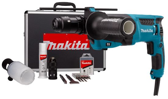 Afbeeldingen van Makita Combihamer HR2631FTX4 - 230V 800Watt - Inclusief verwisselbare boorkop en 5 delige boor/-beitelset in zwart aluminium koffer