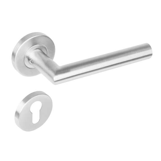 Afbeeldingen van INTERSTEEL Deurkruk Rechte Hoek 90° op rozet met 7 mm nok profielcilindergat rvs geborsteld 1272