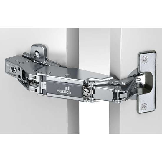 Afbeeldingen van Hettich Sensys groothoekscharnier, zonder insprong (Sensys 8657), half opliggend, Openingshoek 165°, TH-boorbeeld 52 x 5,5 mm, om in te drukken (ø 10 x 11)