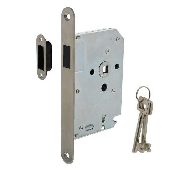 Afbeeldingen van INTERSTEEL Woningbouw magneet slot, voorplaat afgerond rvs, 20x175, doorn 50mm incl. sluitplaat/kom 9570