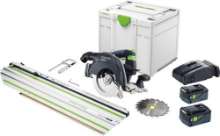 Afbeeldingen van Festool accu pendelkapzaagmachine HKC 55 5,0 EBI-Set-FSK420 - 18V 2x 5.0Ah Li-on accu - inclusief duo-snellader en geleiderail en zaagblad in Systainer 