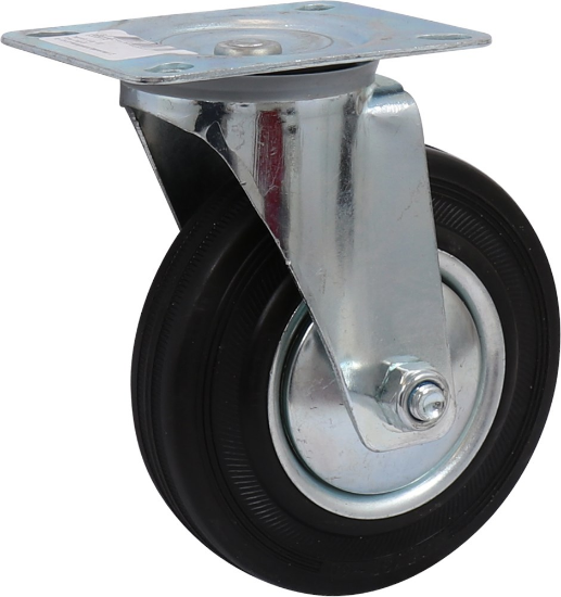 Afbeeldingen van Kelfort zwenkwiel - Ø125mm (100kg) - gegalvaniseerd met stalen velg, plaat en rollager zwart rubber loopvlak 
