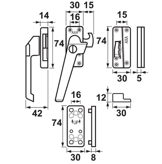 Afbeeldingen van Axa raamsluiting 3319-61-91/bl - 5sg met nok links afsluitbaar - Aluminium F1