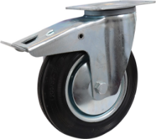 Afbeeldingen van Kelfort zwenkwiel - Ø200mm (205kg) - gegalvaniseerd met stalen velg, plaat en rollager met rem zwart/rubber loopvlak 