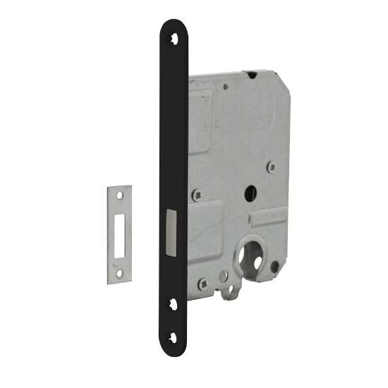 Afbeeldingen van INTERSTEEL Woningbouw cilinder kastslot 55mm, voorplaat afgerond zwart gelakt, 20x175, doorn 50mm incl. sluitpl 9548