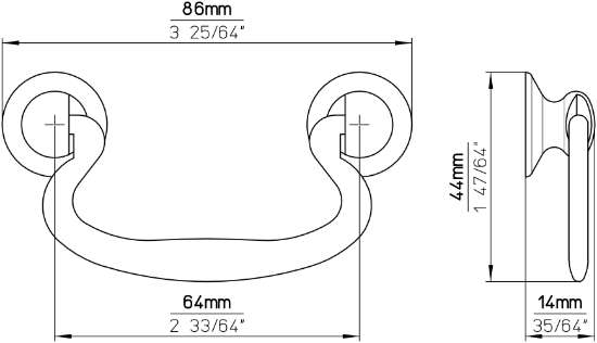 Afbeeldingen van Siro Hangende handgreep metaal - boorafstand 64mm/L 86mm/H 14mm/B 44mm antiek messing 