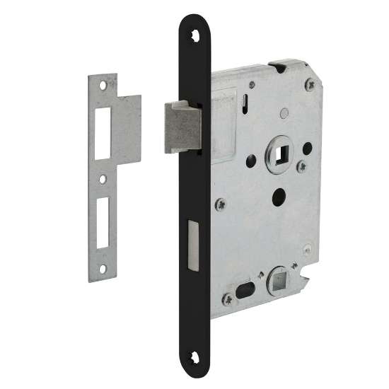 Afbeeldingen van INTERSTEEL Woningbouw badkamer/toilet slot 63/8mm, voorplaat afgerond zwart gelakt, 20x175, doorn 50mm incl. sl 9547