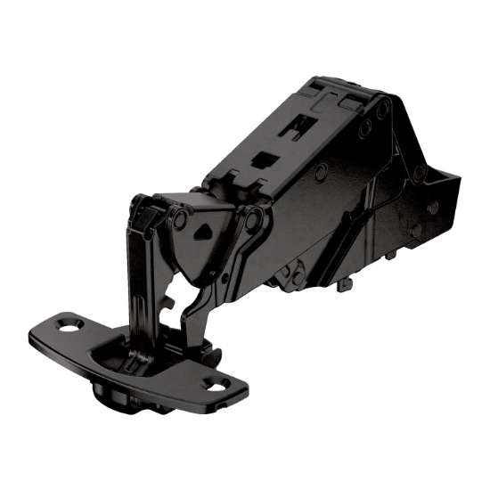 Afbeeldingen van Hettich Sensys groothoekscharnier, zonder insprong, met geïntegreerde demping (Sensys 8657i), in obsidiaanzwart, half opliggend, openingshoek 165°, TH-boorbeeld 52 x 5,5 mm, voor schroefbevestiging (-)
