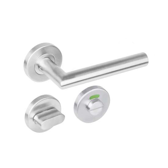 Afbeeldingen van INTERSTEEL Deurkruk Hoek 90° op rond rozet staal met 7mm nok met WC 5mm RVS 1272