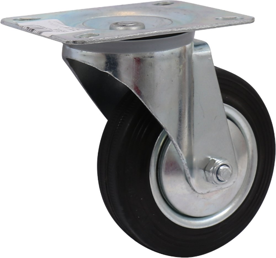 Afbeeldingen van Kelfort zwenkwiel - Ø100mm (75kg) - gegalvaniseerd met stalen velg, plaat en rollager zwart rubber loopvlak 
