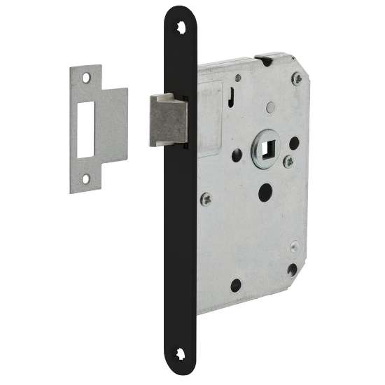 Afbeeldingen van INTERSTEEL Woningbouw slot, voorplaat afgerond zwart gelakt, 20x175, doorn 50mm incl. sluitplaat 9547