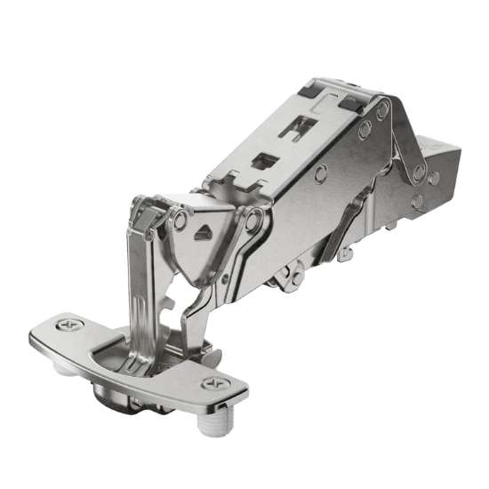 Afbeeldingen van Hettich Sensys groothoekscharnier, zonder insprong, met geïntegreerde demping (Sensys 8657i), vernikkeld, opliggend, openingshoek 165°, TH-boorbeeld 52 x 5,5 mm, snelmontage Flash (ø 10 x 11)