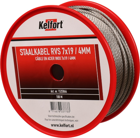 Afbeeldingen van Kelfort Staalkabel - 4mm 100 meter - 7x19 vlechtvorm RVS 